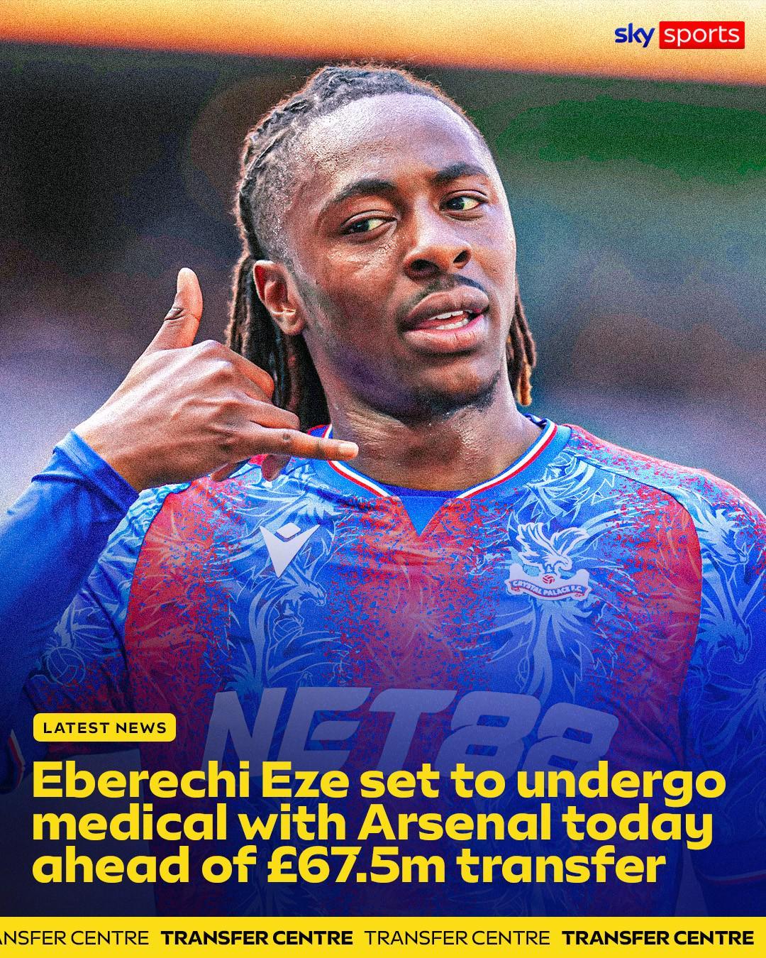 天空:埃泽正在接受阿森纳体检,完成后将以6750万镑正式加盟